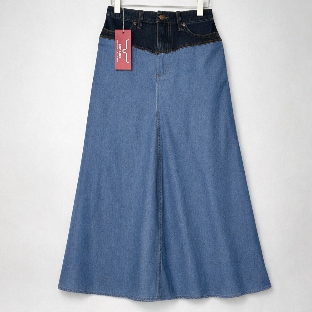 New Kimes Ranch Denim Maxi Skirt 0 Blue Two Tone Western Yoke Cotton Lightweight